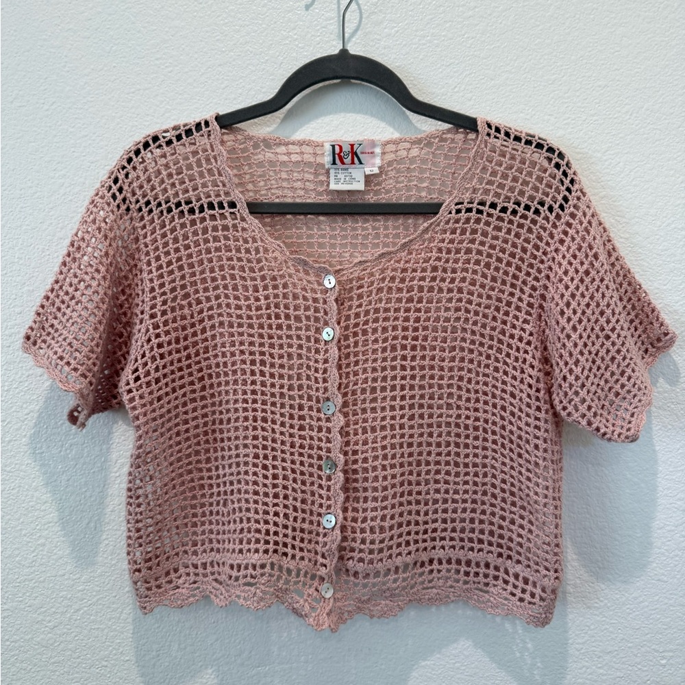R & K Originals cropped crochet cardigan Size 12 light pink natural fiber boho